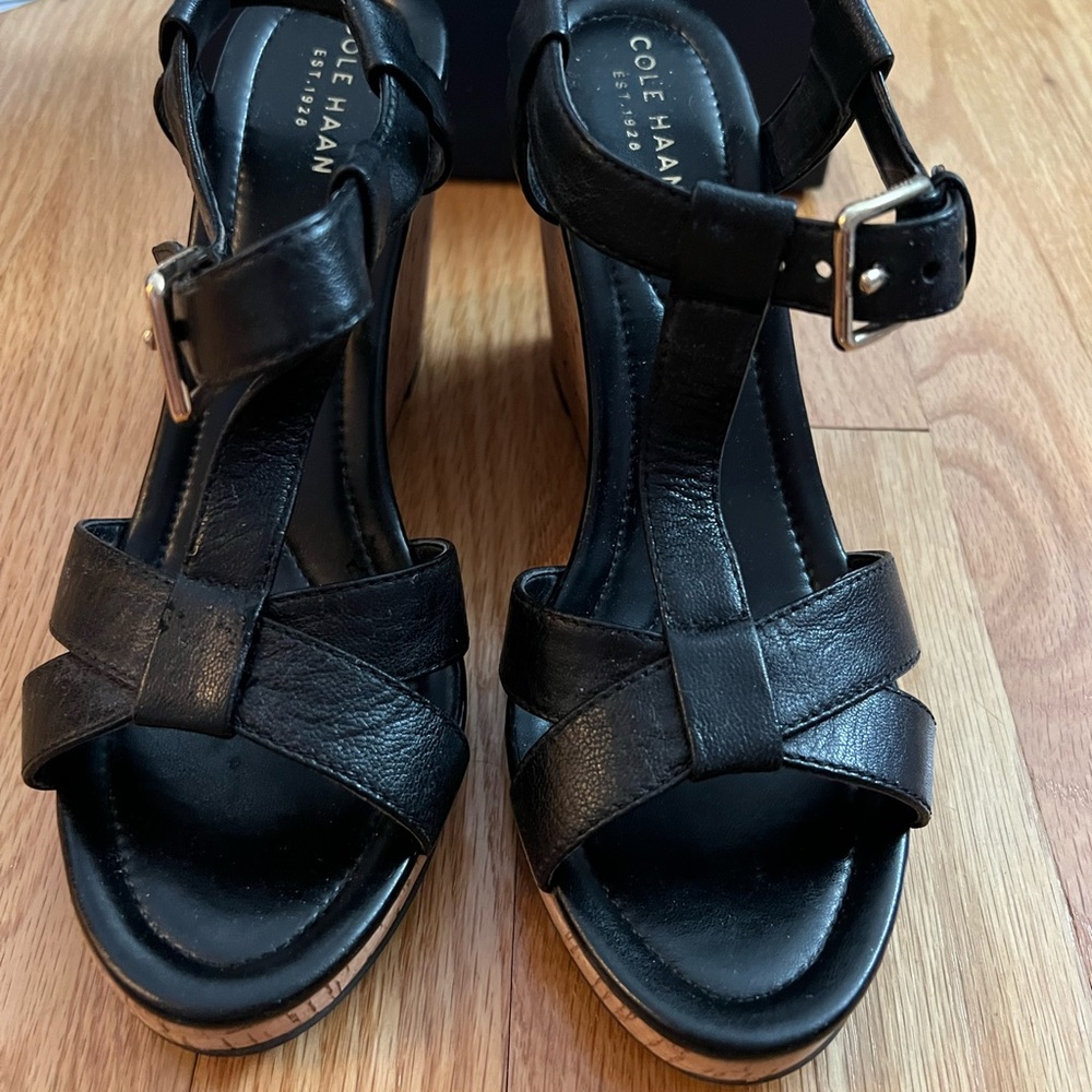 Cole Haan black wedge sandals.